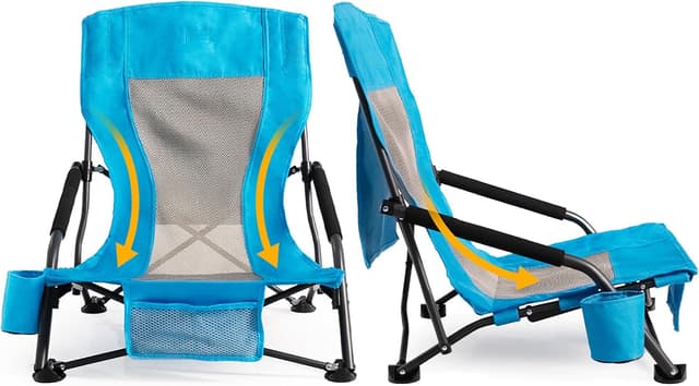 2-Pack Portable Folding Beach Chairs – Lightweight Low Back with Cup Holder & Pocket, 300lbs Capacity (Blue)