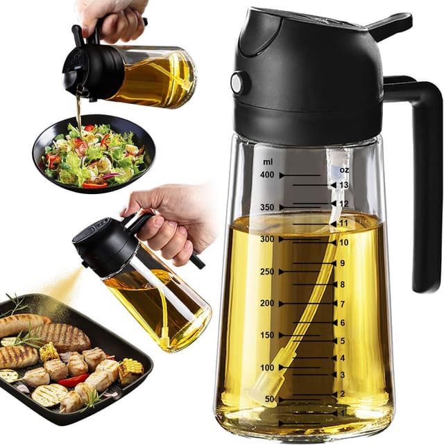 TrendPlain 16oz Glass Olive Oil Sprayer – 2-in-1 Spray & Pour Dispenser for Cooking (Black)